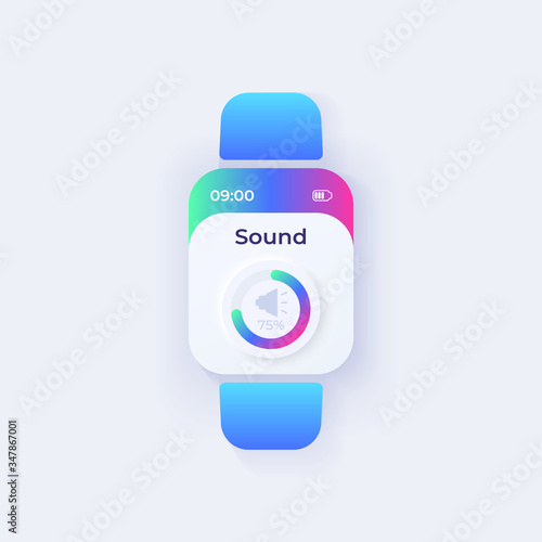 Sound parameter smartwatch interface vector template. Mobile app control day mode design. Music settings, volume adjustments screen. Flat UI for application. Speaker on smart watch display