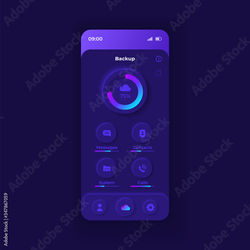 Internet storage application smartphone interface vector template. Mobile app page dark design layout. Data uploading process screen. Flat UI for application. Cloud copying progress on phone display
