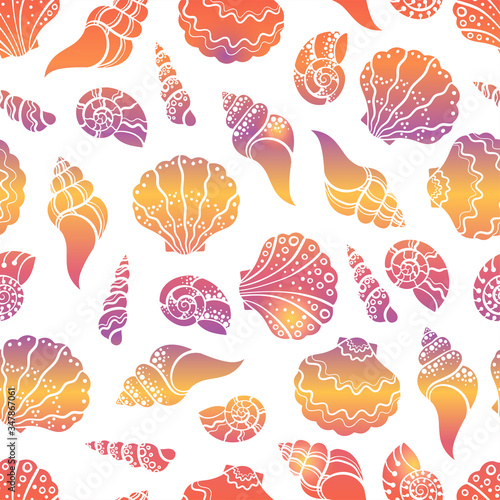 Fresh colorful seamless pattern with various shells, clams and snails - vibrant under water background, great for ocean themes, beach fabrics, summer textiles or background, wallpapers - vector