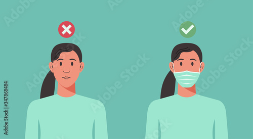 correct and wrong way to wear surgical face mask infographic concept, woman with protective respirator prevent the virus spreading, flu, disease, coronavirus infection, vector flat illustration