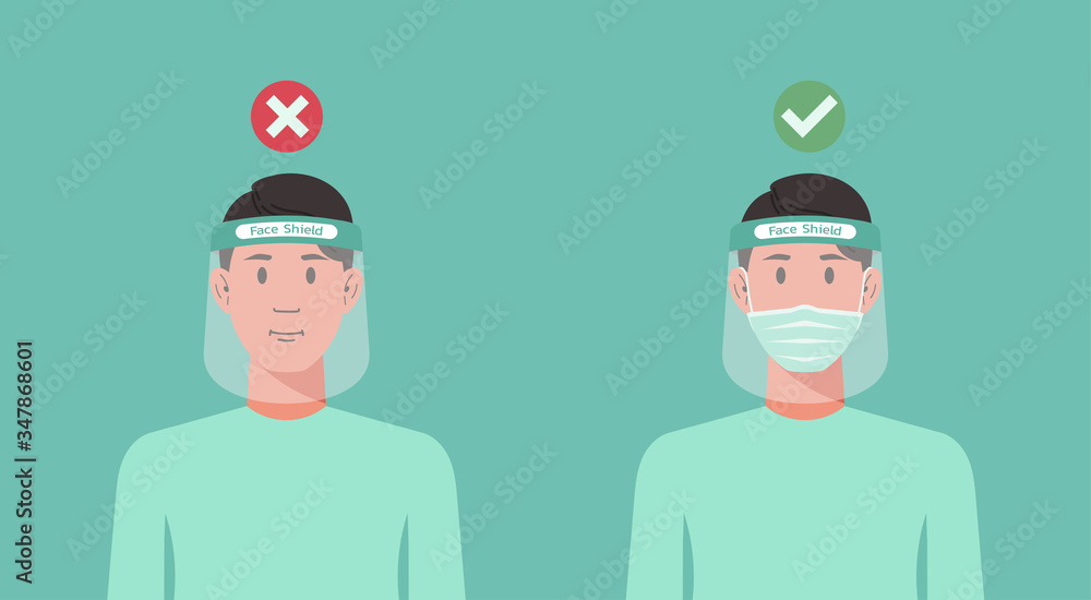 correct and wrong way to using protective medical face shield infographic concept, man wearing surgical mask inside to prevent COVID 19, virus protection, new normal, vector flat illustration