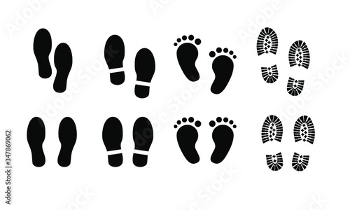Foot print vector illustration set with shoes bare feet and boot print 