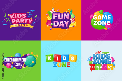 Kids zone fun day entertainment set childish banner label sticker badge logo. Cartoon colorful logo for children's playroom decoration, fun play, kids zone vector illustration