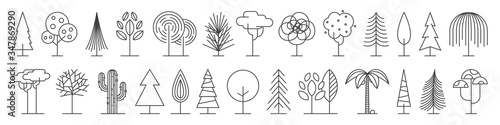 Big set of minimal trees linear icons - vector