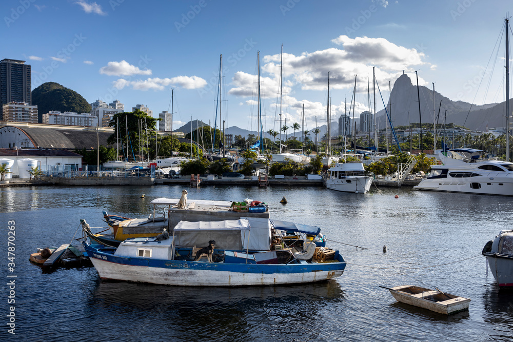 Dogs on a fisher boat in the Guanabara bay of Rio de Janeiro with the Corcovado mountain in the background and pleasure boats behind seen from the Urca neighbourhood