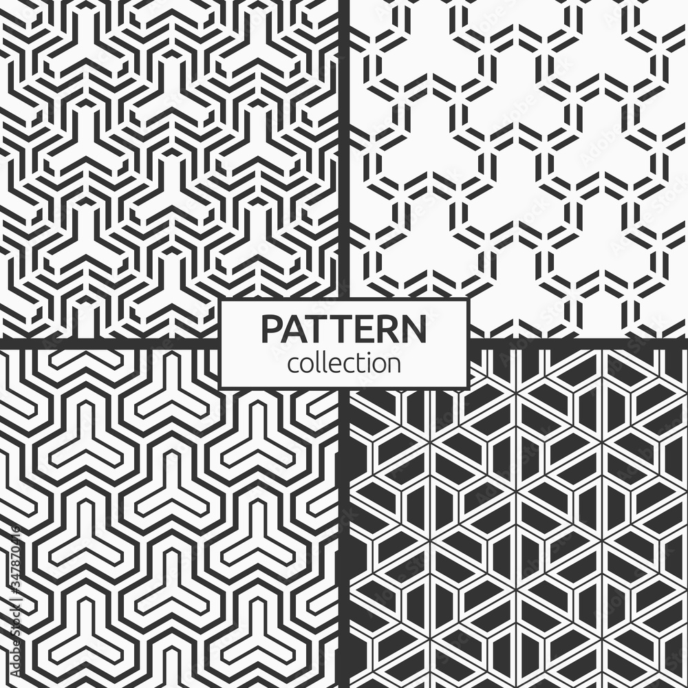 Set of four seamless patterns. Abstract geometric trendy vector backgrounds. Modern stylish textures. Geometric tiles with triple hexagonal elements. Vector monochrome backgrounds. Set of four seamless patterns. Abstract geometric trendy vector backgrounds. Modern stylish textures. Geometric tiles with triple hexagonal elements. Vector monochrome backgrounds.