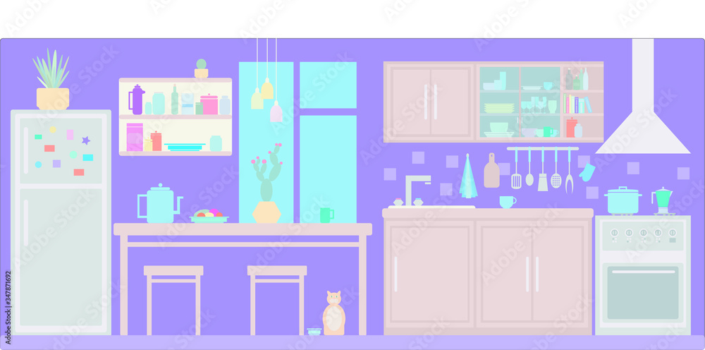 Vector illustration of a kitchen interior in pastel colors.