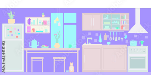 Vector illustration of a kitchen interior in pastel colors.