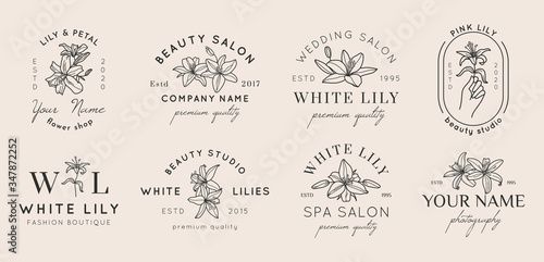 Set of Feminine logos with Lily flowers in simple minimal linear style. Vector floral emblem and icon photo