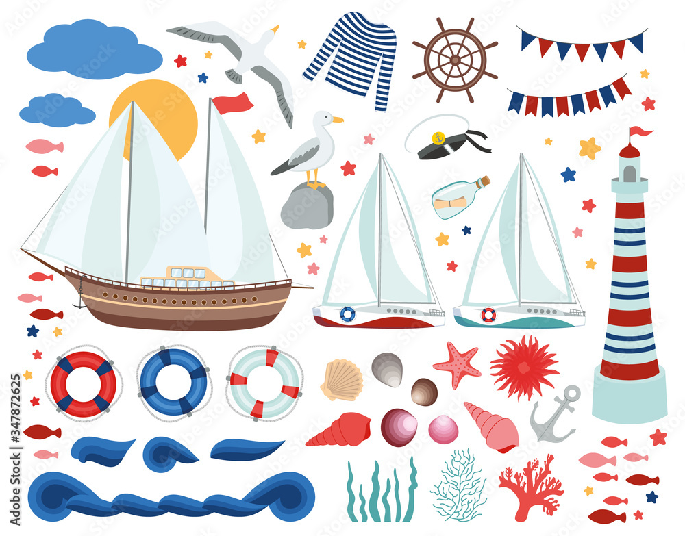 Set of nautical elements. Yachts sailing boats. Marine clip art ...