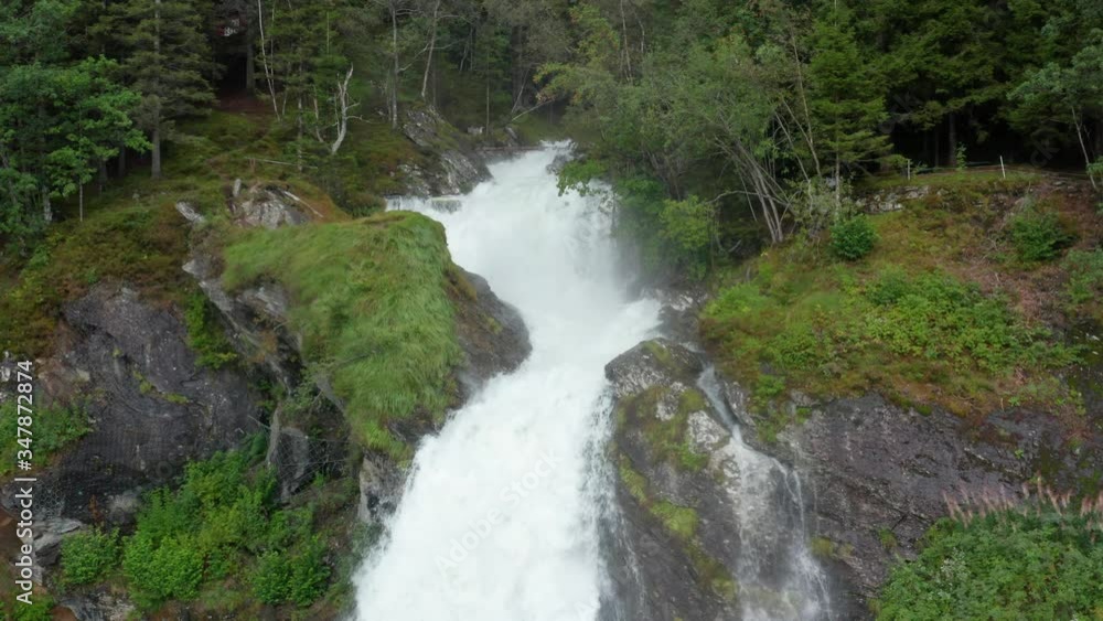 Aerial view of Steinsdalsfossen waterfall at Hardangerfjord in Norway Aerial view of Steinsdalsfossen waterfall at Hardangerfjord in Norway