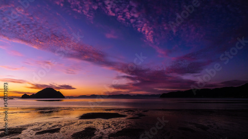 Purple Sunrise over Tonga Island at Onetahuti Bay, Abel Tasman Coast Track, Abel Tasman N.P, Tasman, South Island, New Zealand