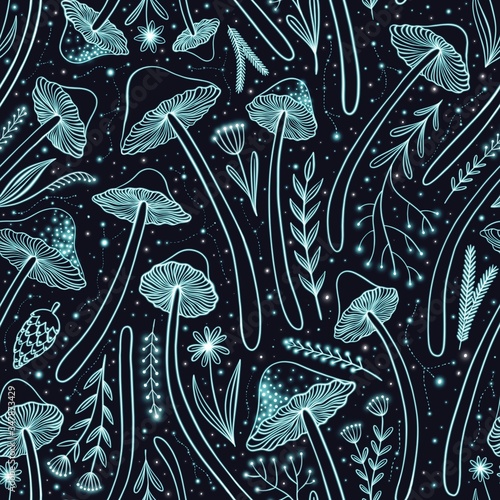 Seamless pattern with glowing mushrooms in space. Bioluminescent mushrooms growing in the dark forest. Magic luminescent mushrooms. Dark background.