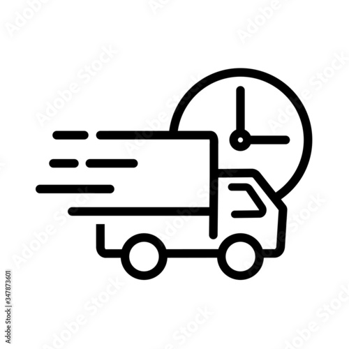 Thin line fast delivery truck icon on white background.