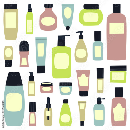 Big collection templates of empty and clean colorful plastic containers: bottles with spray, cream jar, tube. Flat design of cosmetic package. Hand drawn Vector Illustration.