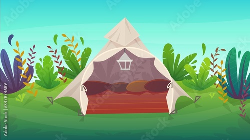 Native American teepee house wigwam indian ethnic culture triangle tent at nature background , vector cartoon kids illustration