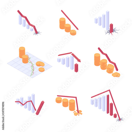 Economic crisis isometric vector illustration set - various financial charts and money stacks with falling trend.