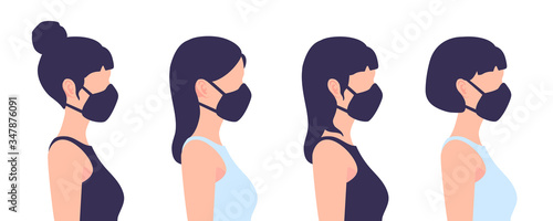 Portraits of girls with protective masks in a profile. Woman with a respirator. Coronavirus spreading prevention. People's avatars. Vector cartoon flat illustration set isolated on a white background.