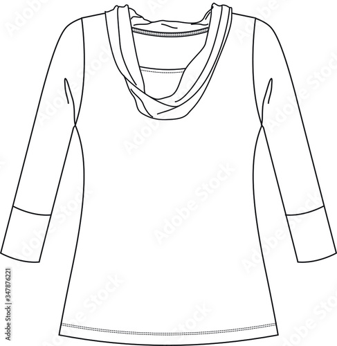 COWL NECK T-SHIRT, Fashion Flat Sketch Template. Short-sleeved drape t shirt. Use template as a basis for graphics and all-over print