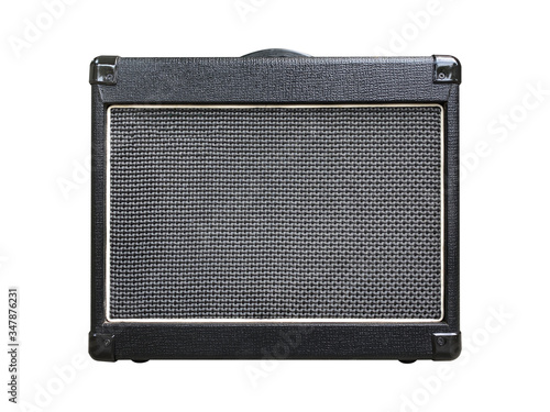 Isolated black leather small size clean and distortion amplifier combo on white background with work path.