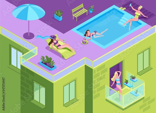 Girl in bikini sunbathing on the roof of residential building during quarantine time, woman getting a suntan at the swimming pool of apartment house, stay home concept, 3d isometric illustration