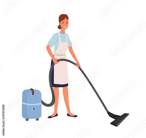 Housewife or cleaner. Cleaning service or cleaning specialist. A smiling young woman holding a vacuum cleaner. Flat character.