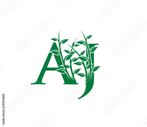 Nature Green Leaves A  J and AJ Letter Mark Logo Template.