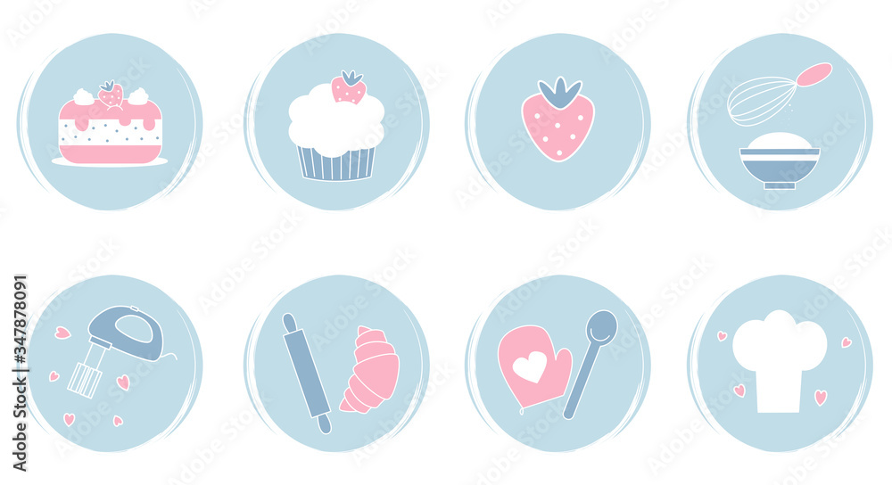 Vector set of logo design templates, icons and badges for social media highlights with cute bakery kitchen elements