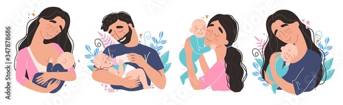 Young happy parents hug their newborn baby