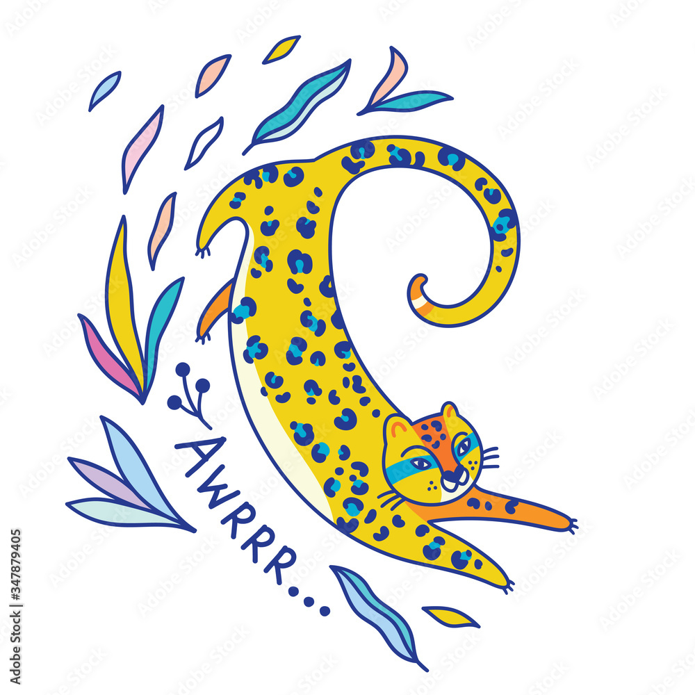 Fototapeta premium Awr. Print with jaguar, leaves and text. Vector illustration