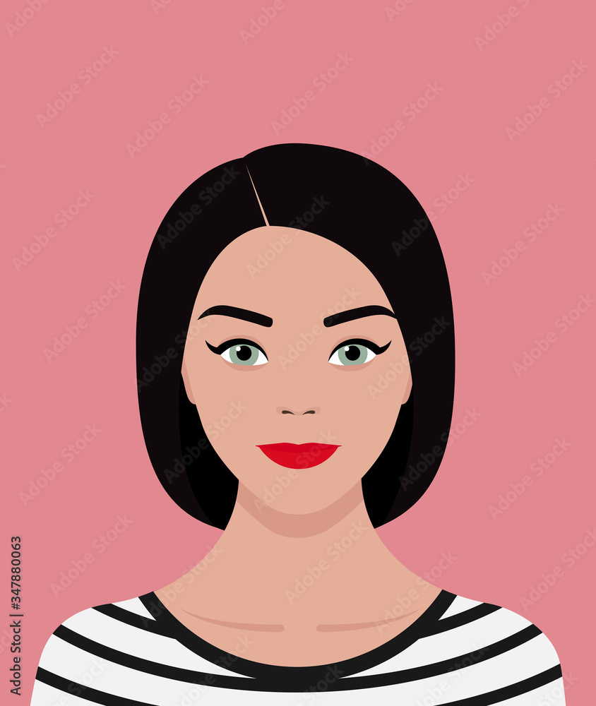 Avatar for social networks. Portrait of a young green-eyed European woman with black hair with a square haircut. The girl smiles. Vector stock flat illustration Avatar for social networks. Portrait of a young green-eyed European woman with black hair with a square haircut. The girl smiles. Vector stock flat illustration