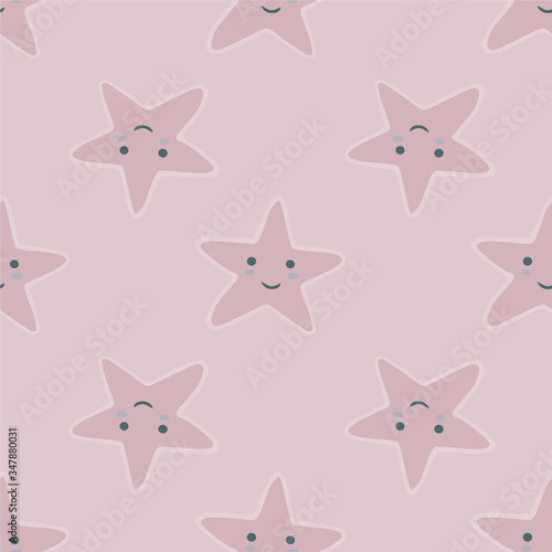 Smiling stars seamless pattern in doodle style. Character star shapes elements wallpaper. Pastel colors.