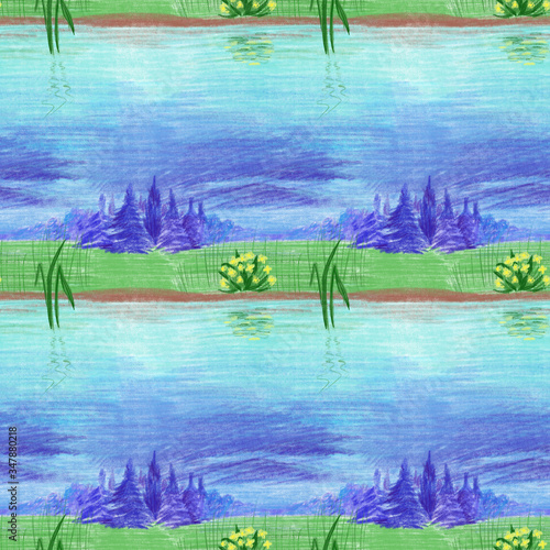 Hand drawn landscape of a country lake and forest  color pencil texture  seamless pattern.