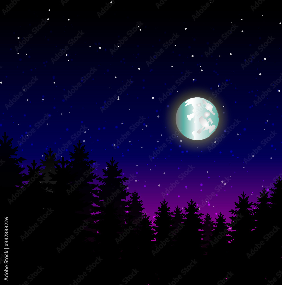 Full moon over the forest. Wall art. For print poster, interior decoration