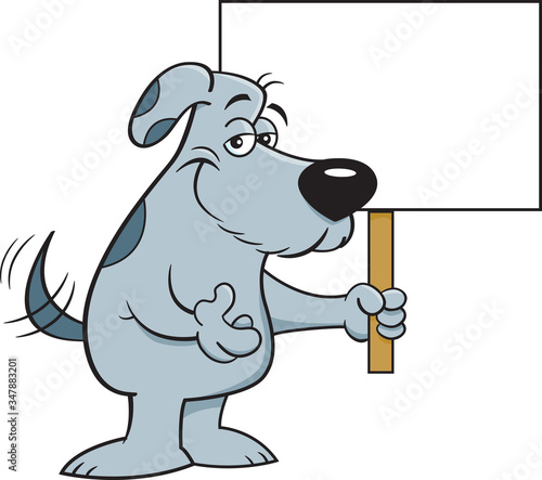 Cartoon illustration of a friendly dog wagging his tail while holding a sign.