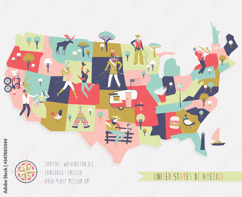 Cartoon Map of USA with Legend Icons in flat style
