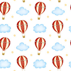 Fototapete Heißluftballon Cartoon Ballon rote Streifen blaue Fahnen Wolken  © Bonbonny