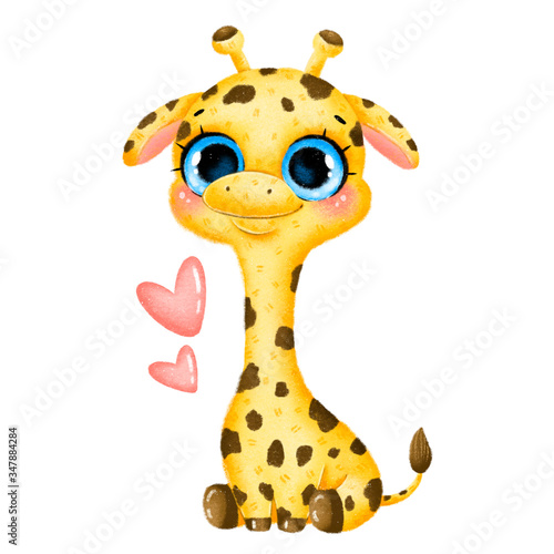 Illustration of a cute cartoon baby giraffe with big eyes and hearts isolated on white background