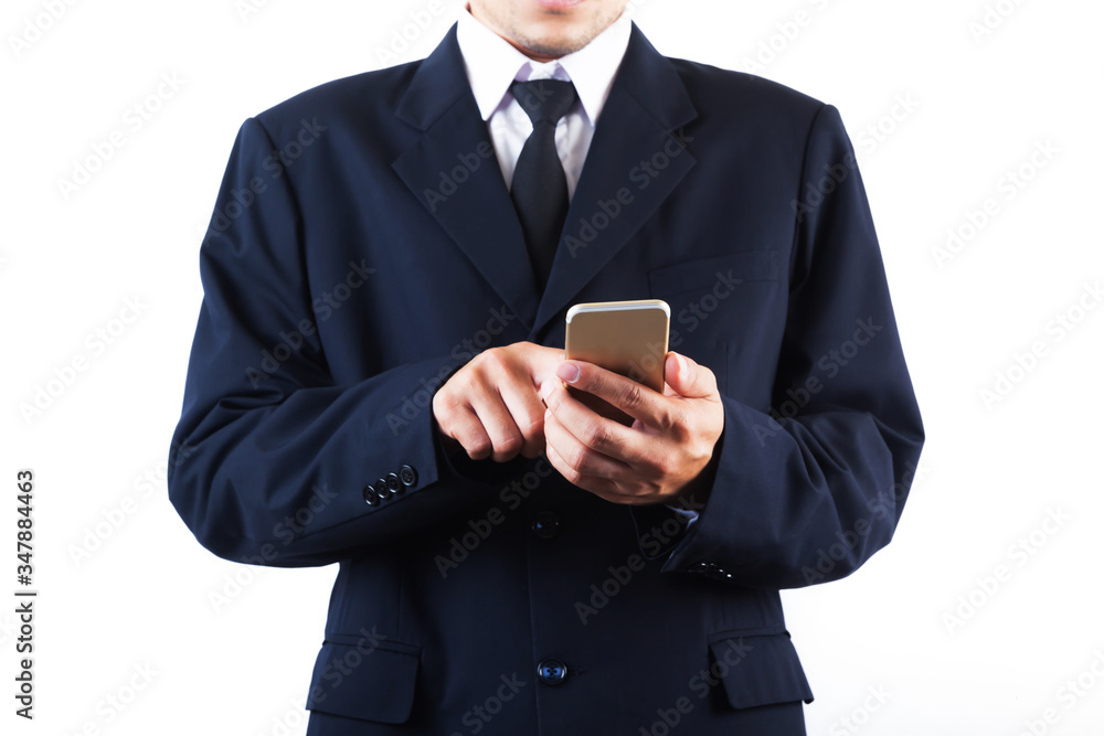 Business man holding mobile phone isolated on white background Business man holding mobile phone isolated on white background
