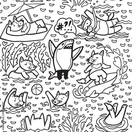 Coloring pattern with cute Tasmanian devil characters in the water