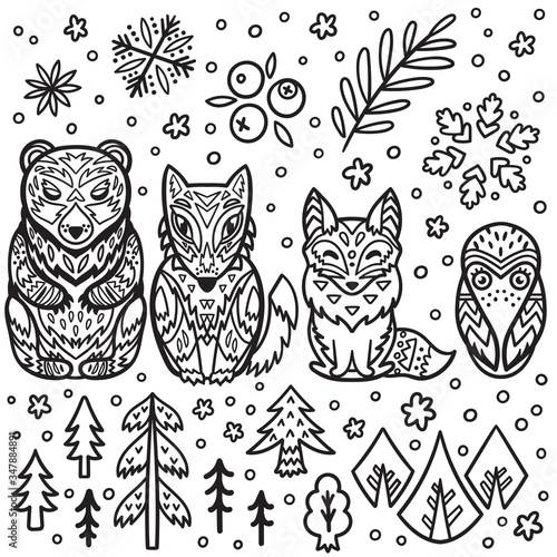 Forest animals nesting dolls for colouring. Matryoshka dolls in outline. Vector illustration