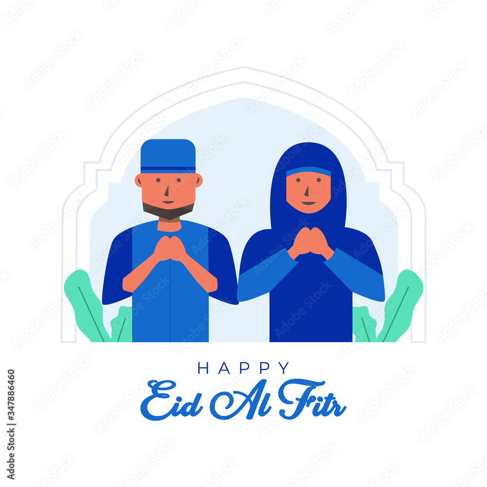 Happy eid al fitr background with flat illustration couple muslim
