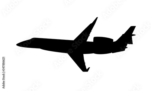 Silhouette of a private jet airplane on a white background. Vector illustration.