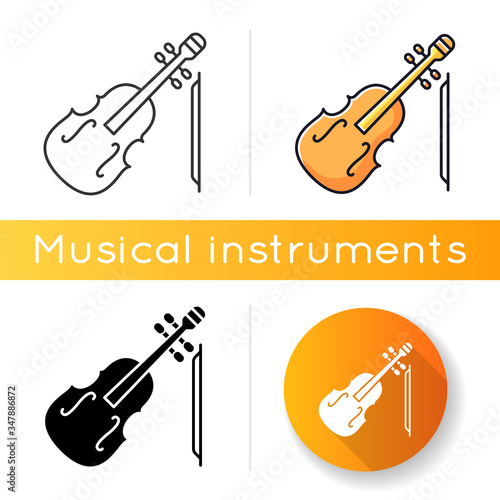 Violin icon. Orchestral musical instrument. Classical music performance. Fiddle symphony concert. Compose folk tune. Linear black and RGB color styles. Isolated vector illustrations