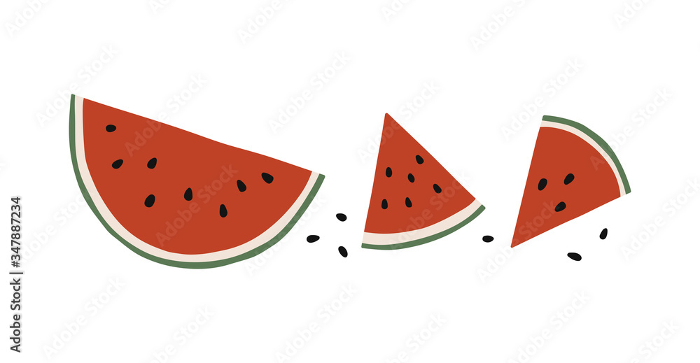 Flat cartoon watermelon set isolated on white background. Summer tropical hand drawn vector elements. Healthy fresh nutrition. Simple vector organic illustration Flat cartoon watermelon set isolated on white background. Summer tropical hand drawn vector elements. Healthy fresh nutrition. Simple vector organic illustration