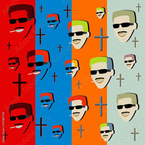 Background vector of men and crosses in 4 color styles included in 'eps' file, but can also customize color of 'hair, face, lip and background'. 
