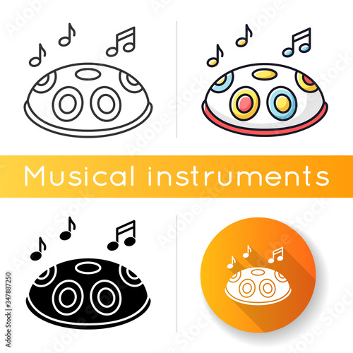 Handpan icon. Traditional musical instrument for meditation and relaxation. Perform in band with percussion. Indian sphere drum. Linear black and RGB color styles. Isolated vector illustrations