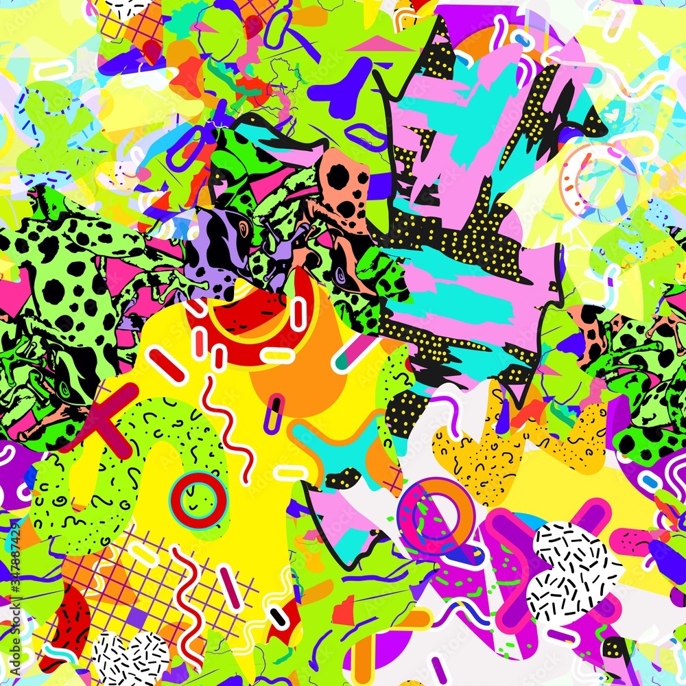 Obraz premium Abstract fun color pattern cartoon texture for doodle geometric background. Seamless ornament of amphibian frogs, butterflies, figures, circle, memphis, patchwork. Printing clothes for boys, girls.