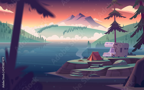 Summer night landscape with mountain lake view and camping . Summer night camp on river shore.