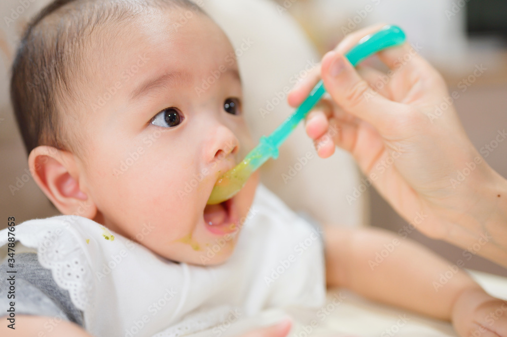 Asian baby boy eating blend food on a high chair, Mother Feeds A Little Baby With A Spoonful Of Food ,eating first time at home Asian baby boy eating blend food on a high chair, Mother Feeds A Little Baby With A Spoonful Of Food ,eating first time at home
